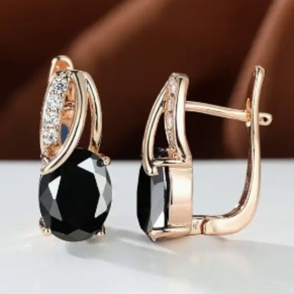 Jewelry - 18k Gold Plated Water Drop Black Diamond Earrings